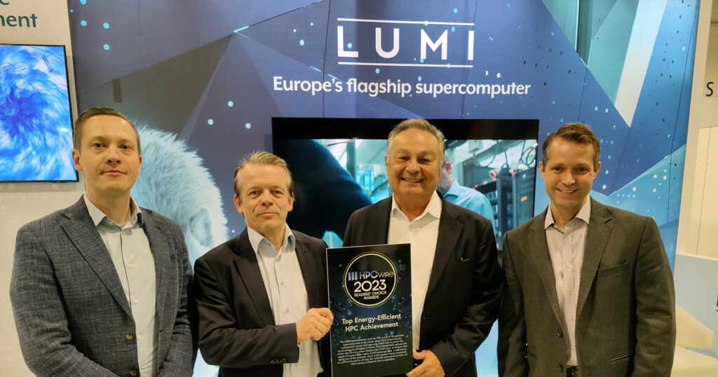 HPCwire award given at the LUMI booth at SC23