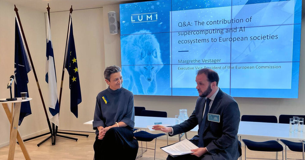 LUMI event in Brussels on 5 March 2024. Margrethe Vestager and host.