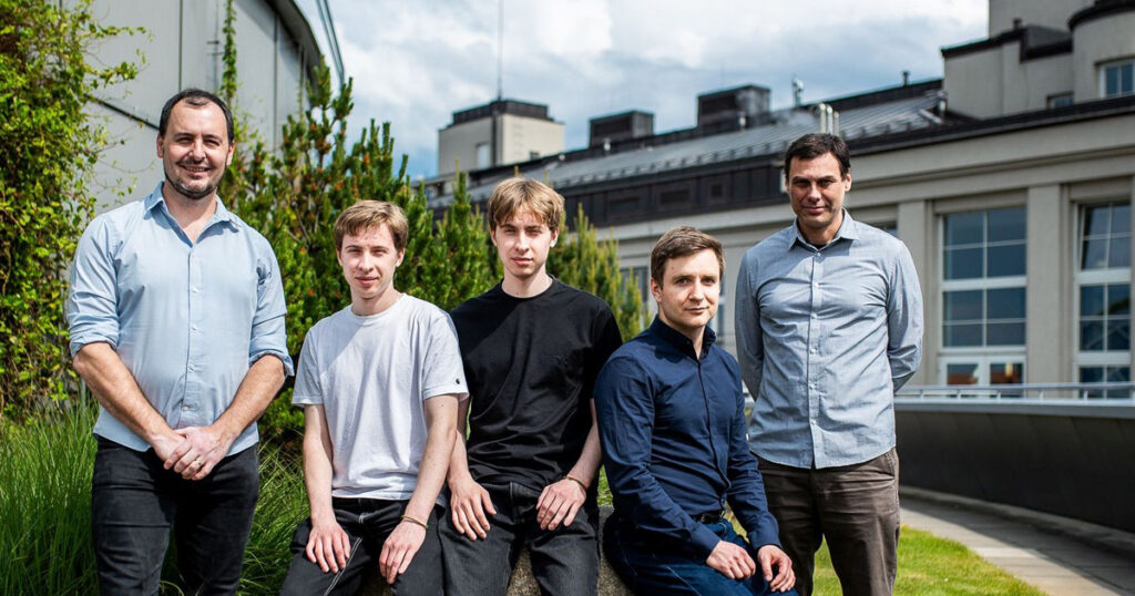 From left: Dr. Tomáš Pluskal, head of the Biochemistry of Plant Specialized Metabolites research group at IOCB Prague; Roman Bushuiev, IOCB Prague; Anton Bushuiev, CIIRC CTU; Raman Samusevich, IOCB Prague; Dr. Josef Šivic, CIIRC CTU (Photo: Tomáš Belloň/IOCB Prague)