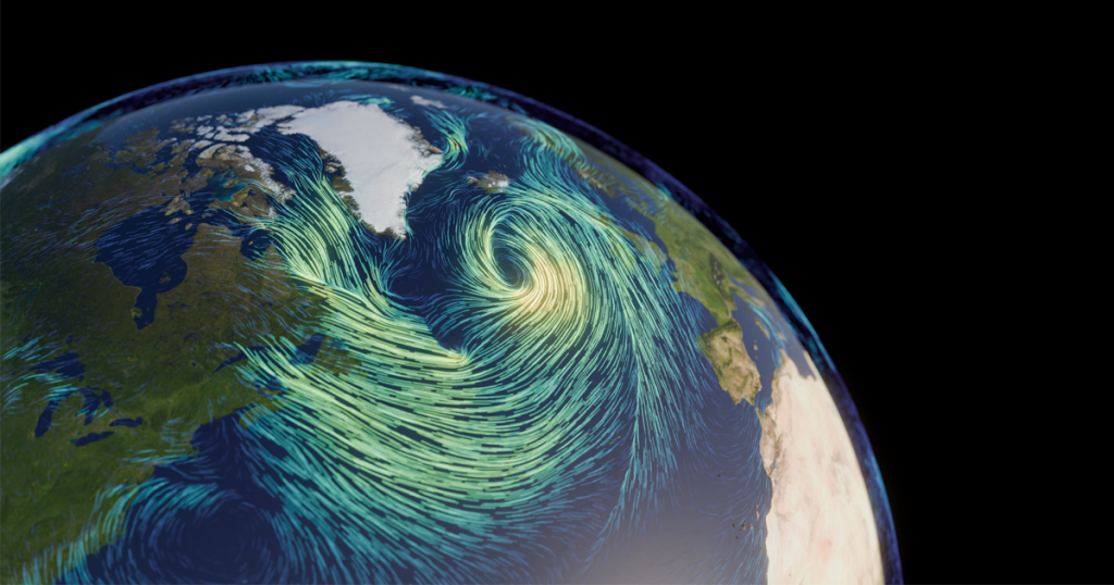 Simulation of wind trails from the Climate Change Adaptation Digital Twin. Credit: Oriol Tintó, Barcelona Supercomputing Center